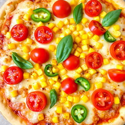 A scrumptious pizza topped with sweet corn and juicy tomatoes, perfectly complemented by fresh green capsicum