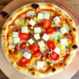 A delightful pizza featuring a vibrant mix of sautéed onions, ripe tomatoes, and soft paneer cubes, harmoniously paired with the sweetness of fresh corn