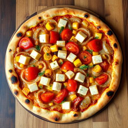 A delightful pizza featuring a vibrant mix of sautéed onions, ripe tomatoes, and soft paneer cubes, harmoniously paired with the sweetness of fresh corn