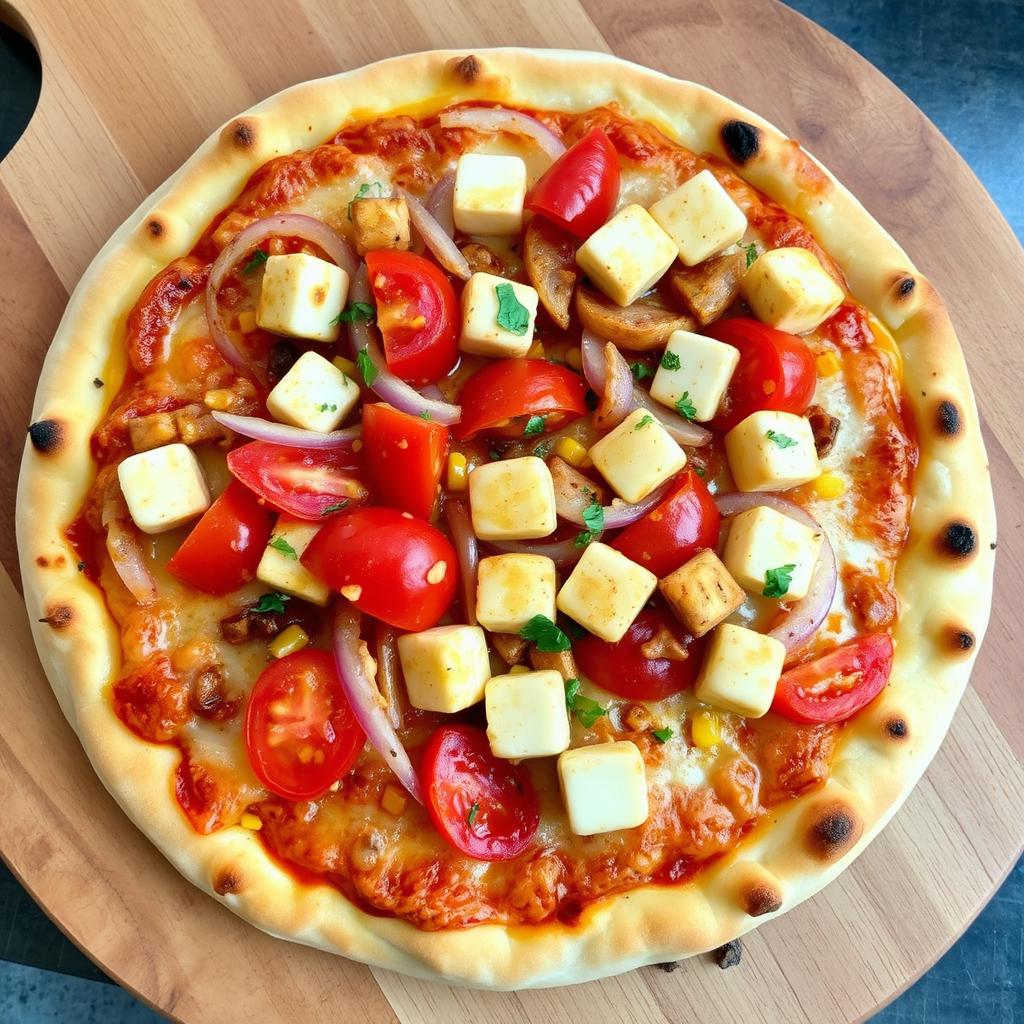 A delightful pizza featuring a vibrant mix of sautéed onions, ripe tomatoes, and soft paneer cubes, harmoniously paired with the sweetness of fresh corn
