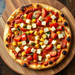 A delightful pizza featuring a vibrant mix of sautéed onions, ripe tomatoes, and soft paneer cubes, harmoniously paired with the sweetness of fresh corn
