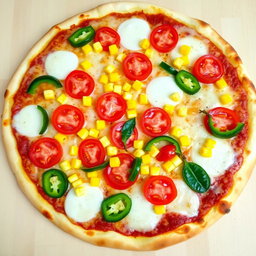 A delicious pizza topped with sweet corn and juicy tomatoes, beautifully paired with fresh green capsicum