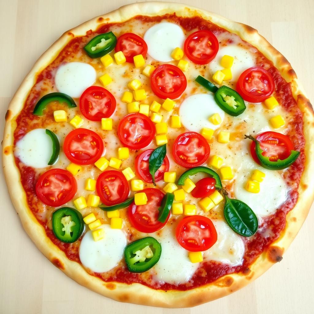 A delicious pizza topped with sweet corn and juicy tomatoes, beautifully paired with fresh green capsicum
