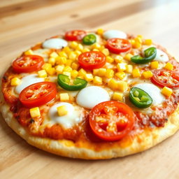 A delicious pizza topped with sweet corn and juicy tomatoes, beautifully paired with fresh green capsicum