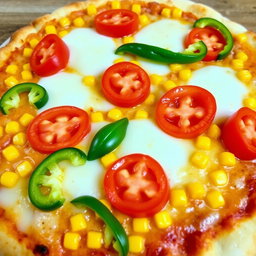 A delicious pizza topped with sweet corn and juicy tomatoes, beautifully paired with fresh green capsicum