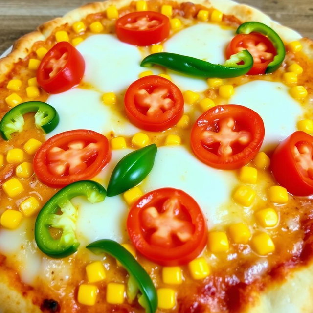 A delicious pizza topped with sweet corn and juicy tomatoes, beautifully paired with fresh green capsicum