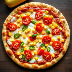 A delicious pizza topped with sweet corn and juicy tomatoes, beautifully paired with fresh green capsicum
