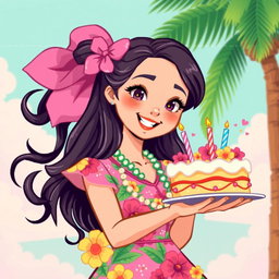 A delightful retro pixel art depiction of a cute teen Asian girl holding a colorful cake