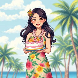 A delightful retro pixel art depiction of a cute teen Asian girl holding a colorful cake