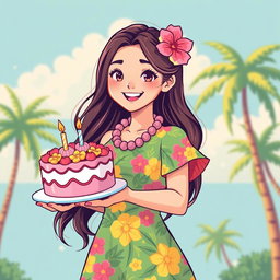 A delightful retro pixel art depiction of a cute teen Asian girl holding a colorful cake