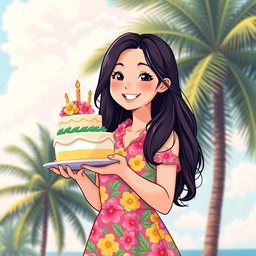 A delightful retro pixel art depiction of a cute teen Asian girl holding a colorful cake