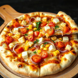A delightful pizza showcasing a vibrant combination of sautéed onions, fresh tomatoes, and soft paneer cubes, all complemented by the sweetness of bright yellow corn