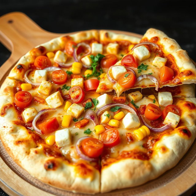 A delightful pizza showcasing a vibrant combination of sautéed onions, fresh tomatoes, and soft paneer cubes, all complemented by the sweetness of bright yellow corn