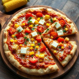 A delightful pizza showcasing a vibrant combination of sautéed onions, fresh tomatoes, and soft paneer cubes, all complemented by the sweetness of bright yellow corn