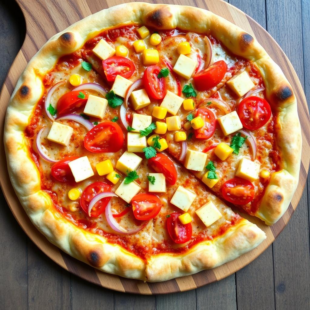A delightful pizza showcasing a vibrant combination of sautéed onions, fresh tomatoes, and soft paneer cubes, all complemented by the sweetness of bright yellow corn