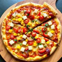 A delightful pizza showcasing a vibrant combination of sautéed onions, fresh tomatoes, and soft paneer cubes, all complemented by the sweetness of bright yellow corn