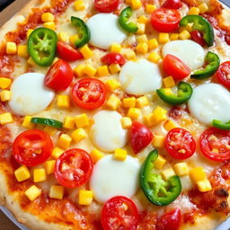 A mouthwatering pizza topped with sweet corn and juicy tomatoes, elegantly paired with crisp, fresh green capsicum