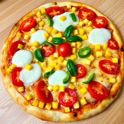 A mouthwatering pizza topped with sweet corn and juicy tomatoes, elegantly paired with crisp, fresh green capsicum