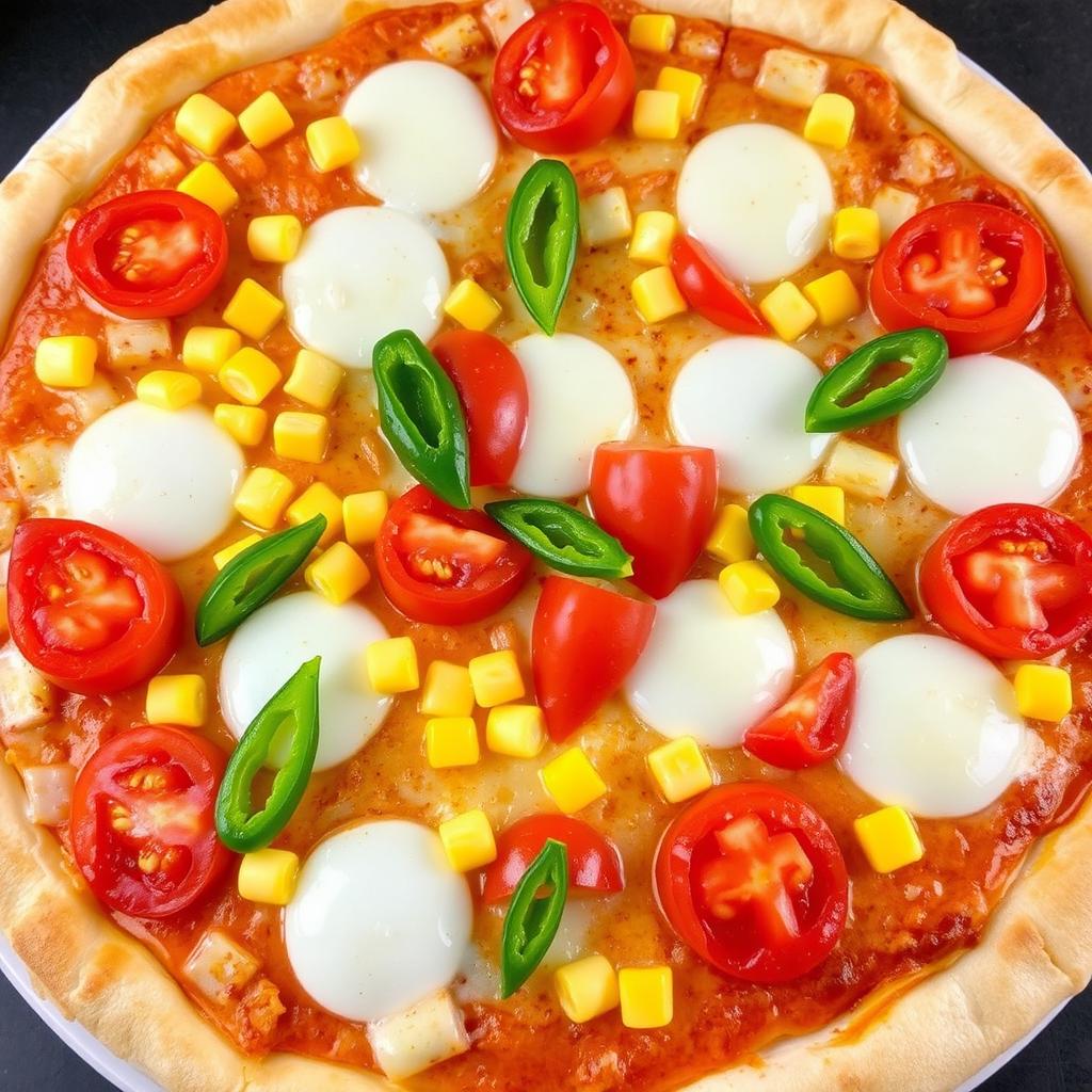 A mouthwatering pizza topped with sweet corn and juicy tomatoes, elegantly paired with crisp, fresh green capsicum