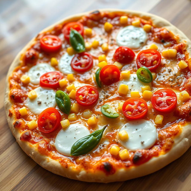 A mouthwatering pizza topped with sweet corn and juicy tomatoes, elegantly paired with crisp, fresh green capsicum