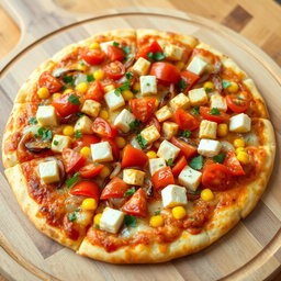 A delightful pizza featuring a colorful mix of sautéed onions, ripe tomatoes, and tender soft paneer cubes, beautifully paired with the sweetness of golden corn kernels