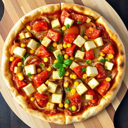 A delightful pizza featuring a colorful mix of sautéed onions, ripe tomatoes, and tender soft paneer cubes, beautifully paired with the sweetness of golden corn kernels