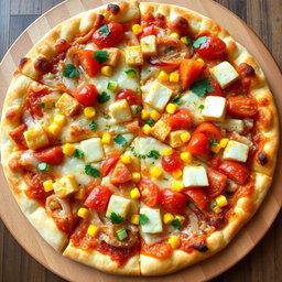 A delightful pizza featuring a colorful mix of sautéed onions, ripe tomatoes, and tender soft paneer cubes, beautifully paired with the sweetness of golden corn kernels