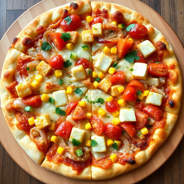 A delightful pizza featuring a colorful mix of sautéed onions, ripe tomatoes, and tender soft paneer cubes, beautifully paired with the sweetness of golden corn kernels