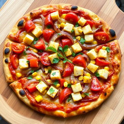 A delightful pizza featuring a colorful mix of sautéed onions, ripe tomatoes, and tender soft paneer cubes, beautifully paired with the sweetness of golden corn kernels