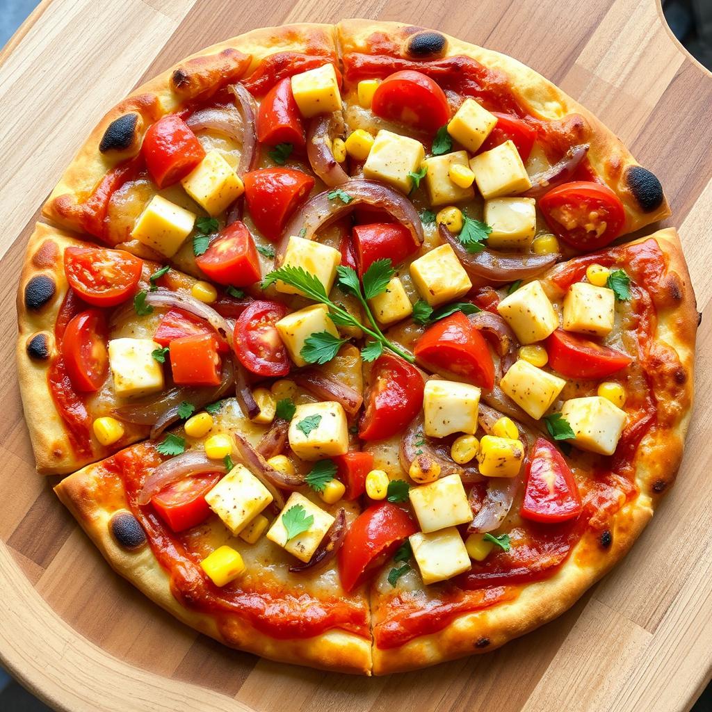 A delightful pizza featuring a colorful mix of sautéed onions, ripe tomatoes, and tender soft paneer cubes, beautifully paired with the sweetness of golden corn kernels