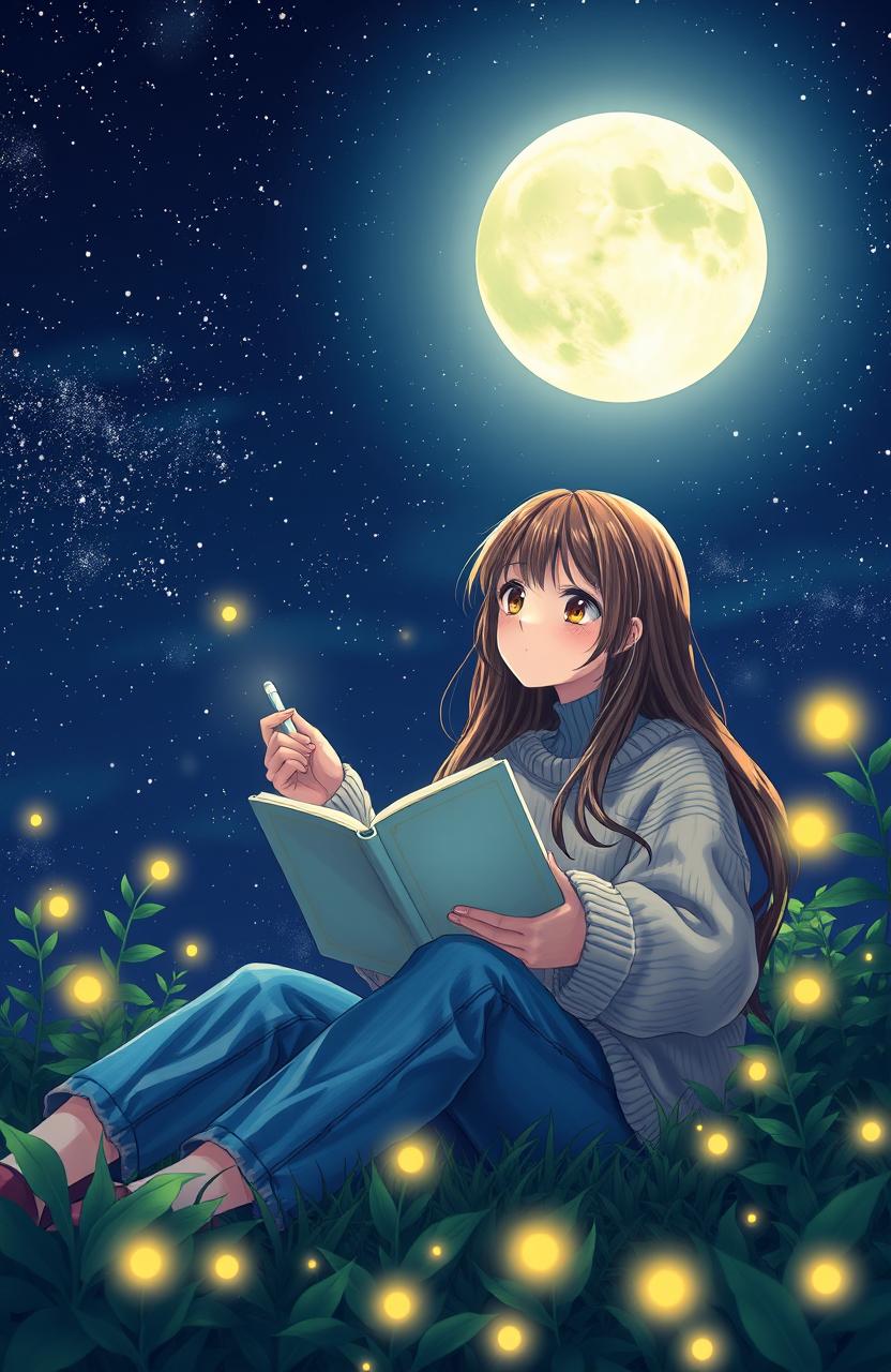 A girl sitting under a stunning night sky filled with twinkling stars and a bright full moon
