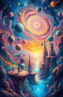A surreal and thought-provoking landscape depicting a vibrant and colorful universe filled with whimsical celestial bodies and abstract shapes, intricately blended to reflect the concept of impossibility
