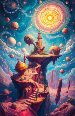 A surreal and thought-provoking landscape depicting a vibrant and colorful universe filled with whimsical celestial bodies and abstract shapes, intricately blended to reflect the concept of impossibility