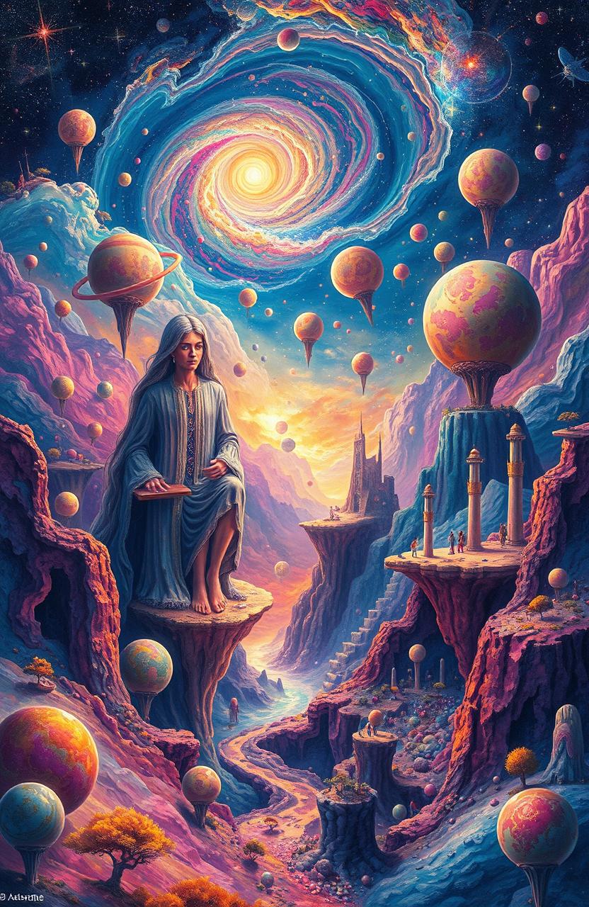 A surreal and thought-provoking landscape depicting a vibrant and colorful universe filled with whimsical celestial bodies and abstract shapes, intricately blended to reflect the concept of impossibility