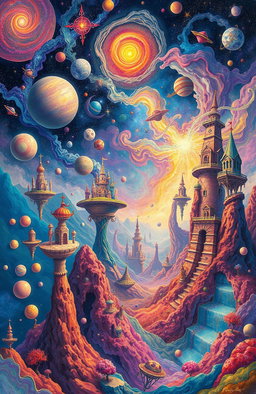 A surreal and thought-provoking landscape depicting a vibrant and colorful universe filled with whimsical celestial bodies and abstract shapes, intricately blended to reflect the concept of impossibility