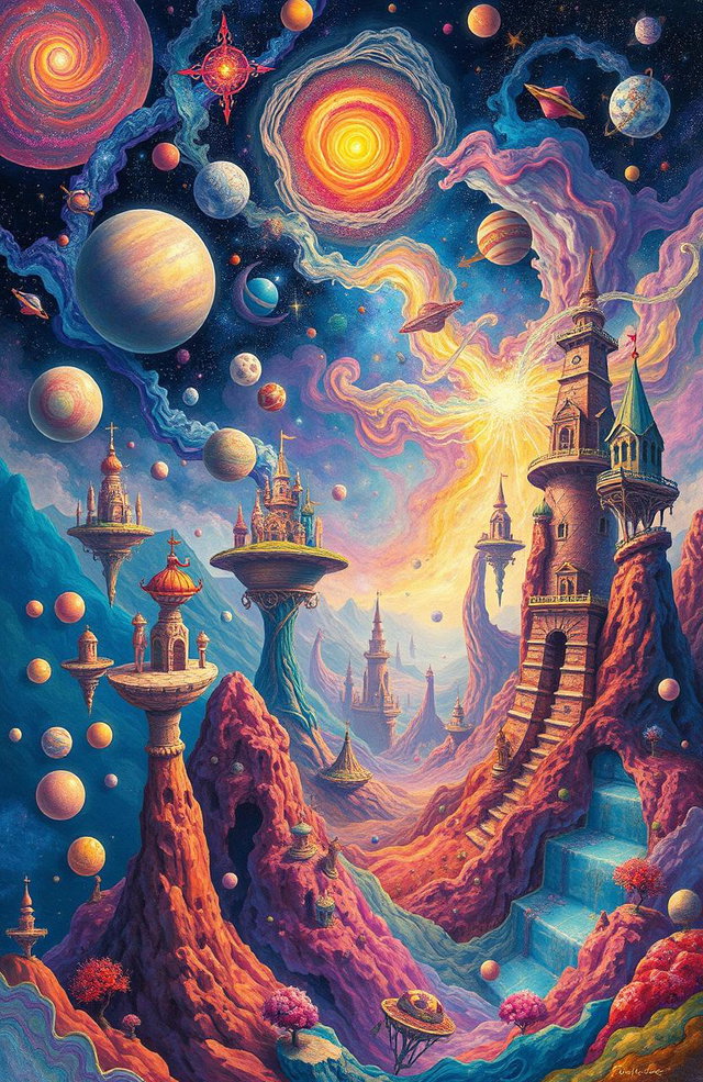 A surreal and thought-provoking landscape depicting a vibrant and colorful universe filled with whimsical celestial bodies and abstract shapes, intricately blended to reflect the concept of impossibility
