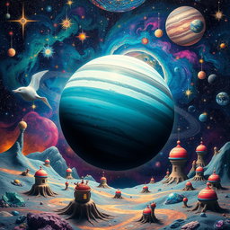 A surreal and thought-provoking cosmic scene featuring the planet Uranus in a vibrant and abstract interpretation