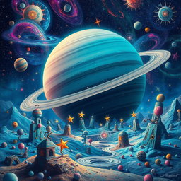 A surreal and thought-provoking cosmic scene featuring the planet Uranus in a vibrant and abstract interpretation