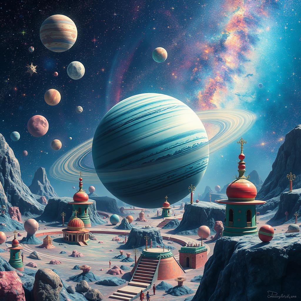 A surreal and thought-provoking cosmic scene featuring the planet Uranus in a vibrant and abstract interpretation