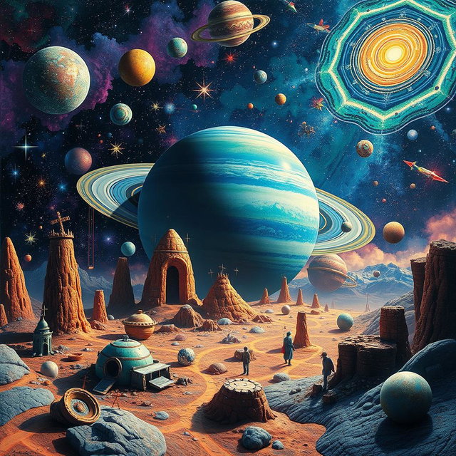 A surreal and thought-provoking cosmic scene featuring the planet Uranus in a vibrant and abstract interpretation
