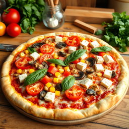 A delicious pizza topped with juicy tomatoes, sweet corn kernels, mushrooms, colorful capsicum slices, and paneer cubes, all beautifully arranged on a golden, cheesy crust