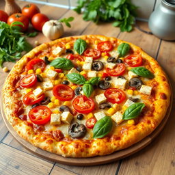 A delicious pizza topped with juicy tomatoes, sweet corn kernels, mushrooms, colorful capsicum slices, and paneer cubes, all beautifully arranged on a golden, cheesy crust
