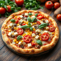 A delicious pizza topped with juicy tomatoes, sweet corn kernels, mushrooms, colorful capsicum slices, and paneer cubes, all beautifully arranged on a golden, cheesy crust