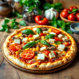 A delicious pizza topped with juicy tomatoes, sweet corn kernels, mushrooms, colorful capsicum slices, and paneer cubes, all beautifully arranged on a golden, cheesy crust
