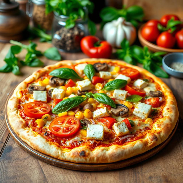 A delicious pizza topped with juicy tomatoes, sweet corn kernels, mushrooms, colorful capsicum slices, and paneer cubes, all beautifully arranged on a golden, cheesy crust