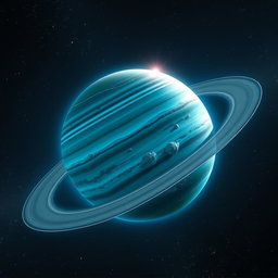 A stunning and detailed depiction of the planet Uranus, showcasing its distinctive blue-green color and unique ring system