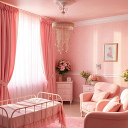 A coquette-themed hospital delivery room decorated in soft pink hues