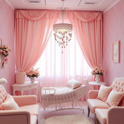 A coquette-themed hospital delivery room decorated in soft pink hues