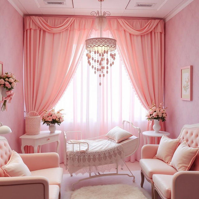 A coquette-themed hospital delivery room decorated in soft pink hues