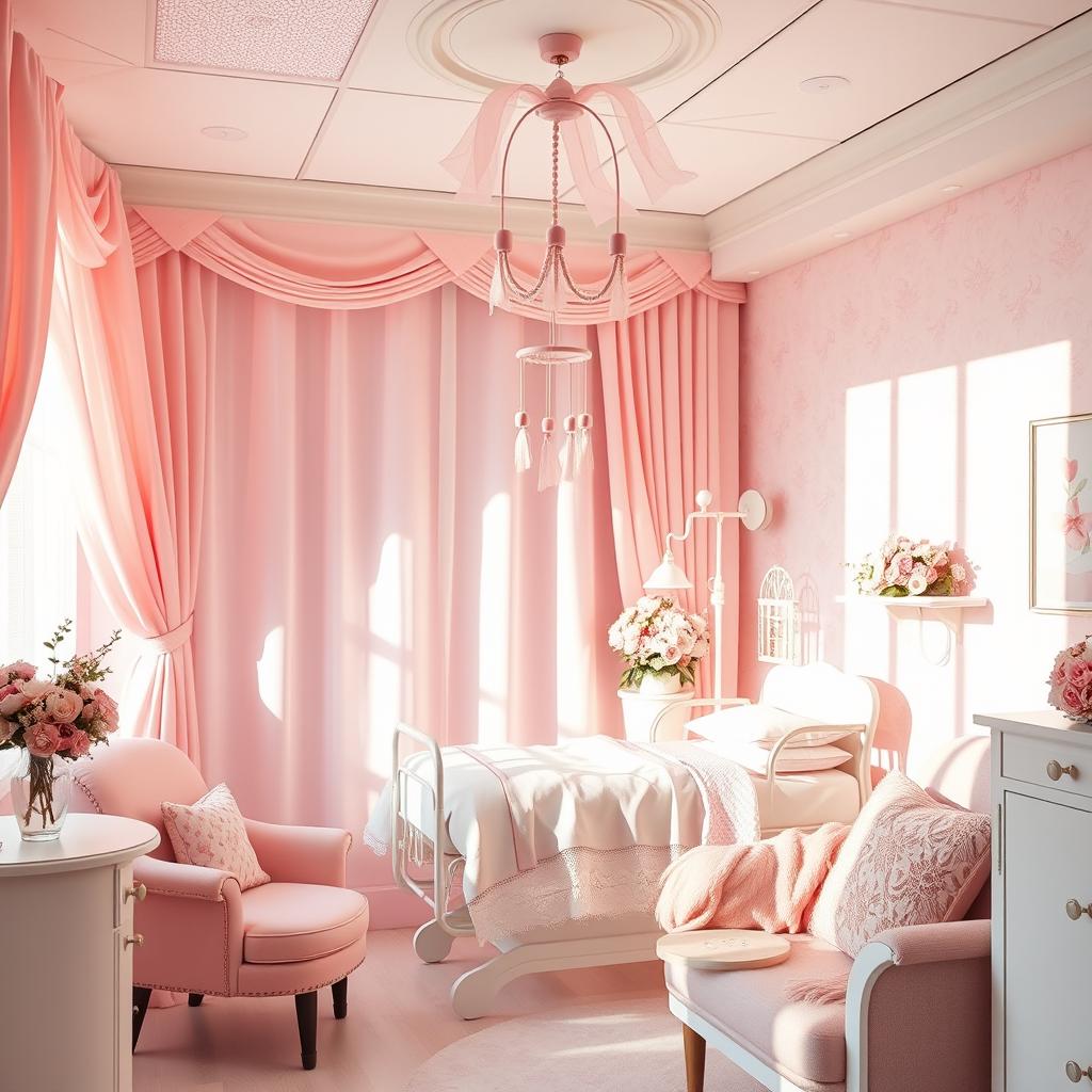 A coquette-themed hospital delivery room decorated in soft pink hues